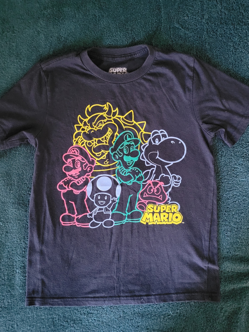 Nintendo Black Tee with Neon Yellow, Green, Pink & Cyan Super Mario Line Art